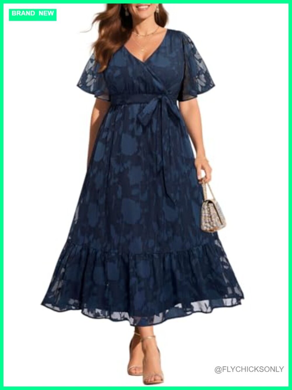 Plus Size Floral Lace Wrap V-Neck A-Line Maxi Dress with Flutter Sleeves